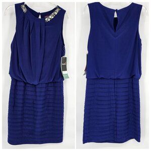 Scarlett Cocktail Midi Dress 10 Blue Sleeveless Pleated Bead Bling Party NEW